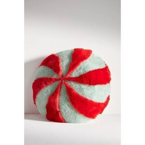 Anthropologie  Festive Faux Fur Pillow Peppermint Swirl Mint Candy NEW